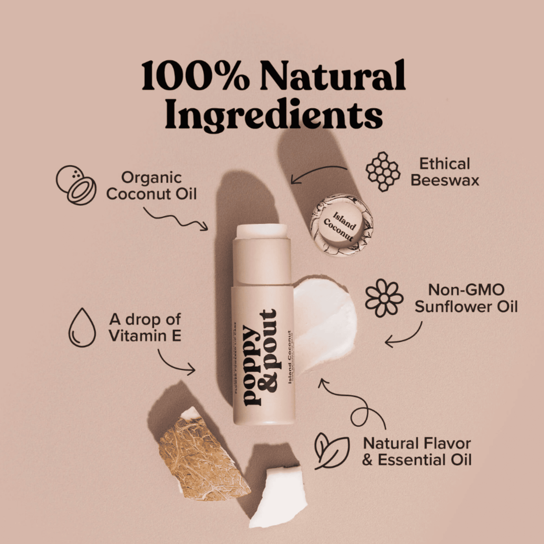 Lip Balm, Island Coconut, spa day  spa & self care  spa  self care gifts  self care  marketplace  beige  beauty products  coconut  lip balm  lips  poppy & pout